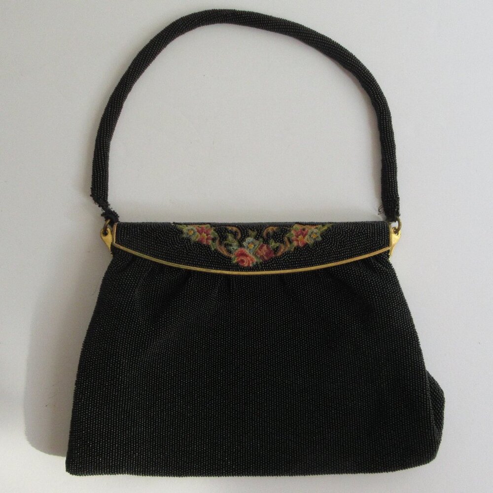 LANGLOIS & JARGEAIS France Black Micro Beaded Purse Bag w Needlepoint Brass READ